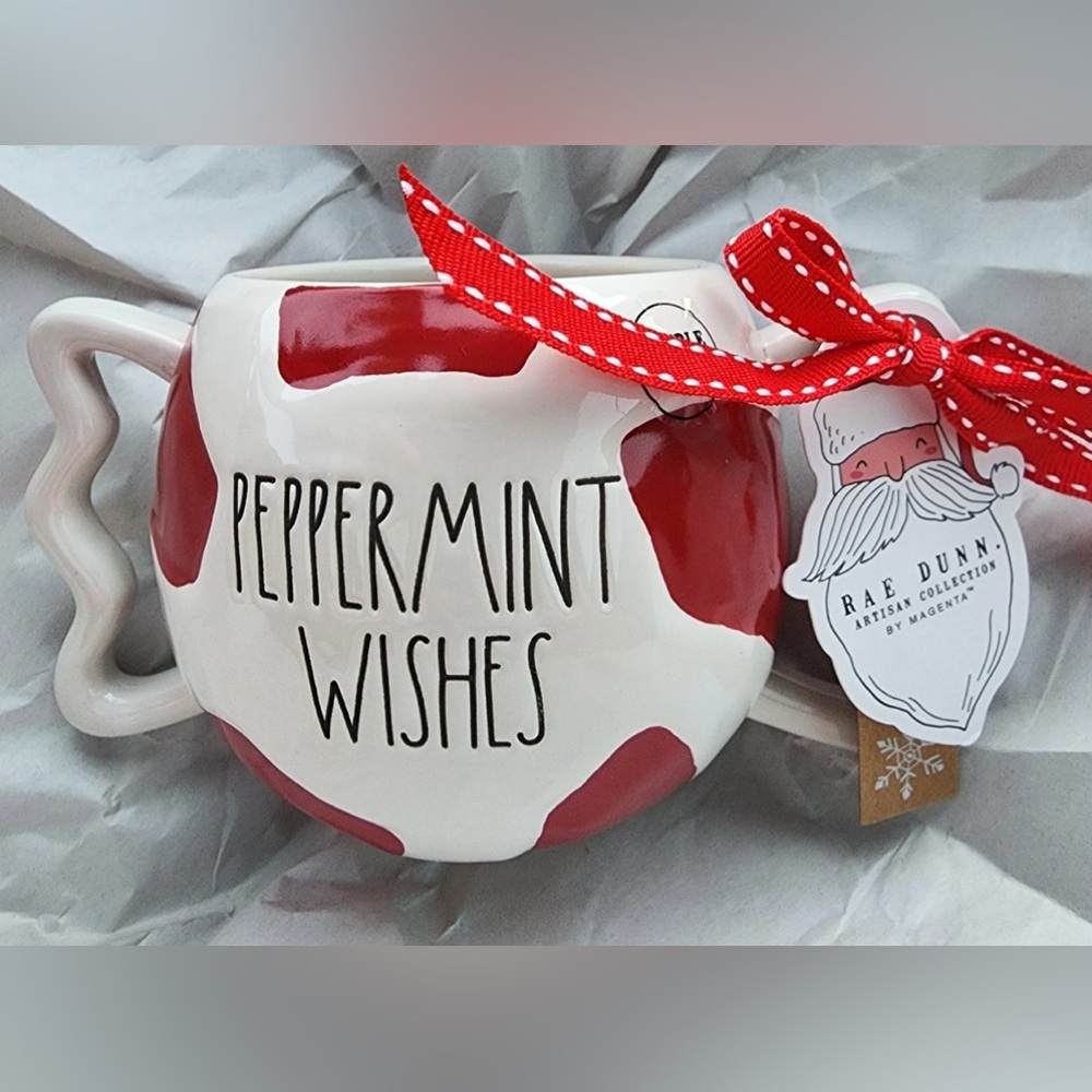 Rae Dunn Ceramic PEPPERMINT WISHES Mug with Two Handles NWT